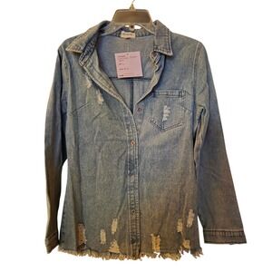 Lala Factory Womens Distressed Denim Shirt Light Wash Ripped Raw Hem Large